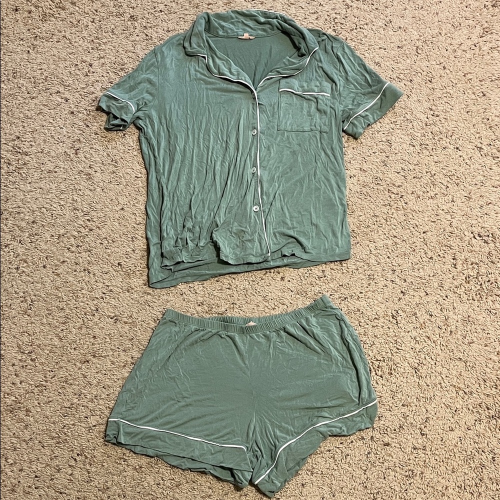 Eberjey Giselle Sage Green Short Sleeve Button Pajama Set with White Piping